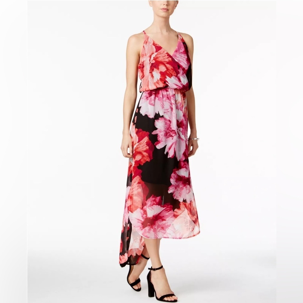 NWT Nine West 12 High-Low Maxi Lined V Neck Sleeveless Dress Black Pink Red $89